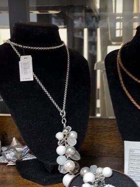 Fossil Silver-Tone Charm Necklace with White and Clear Beads NWT